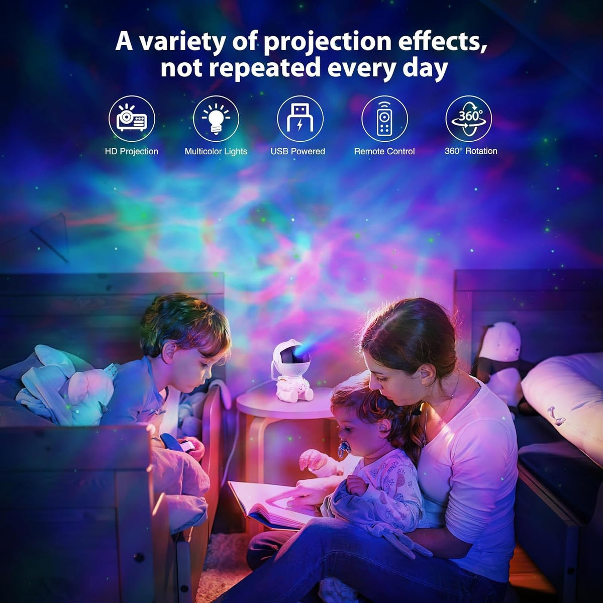 Verawell Nova galaxy projector lit up in a bedroom at night